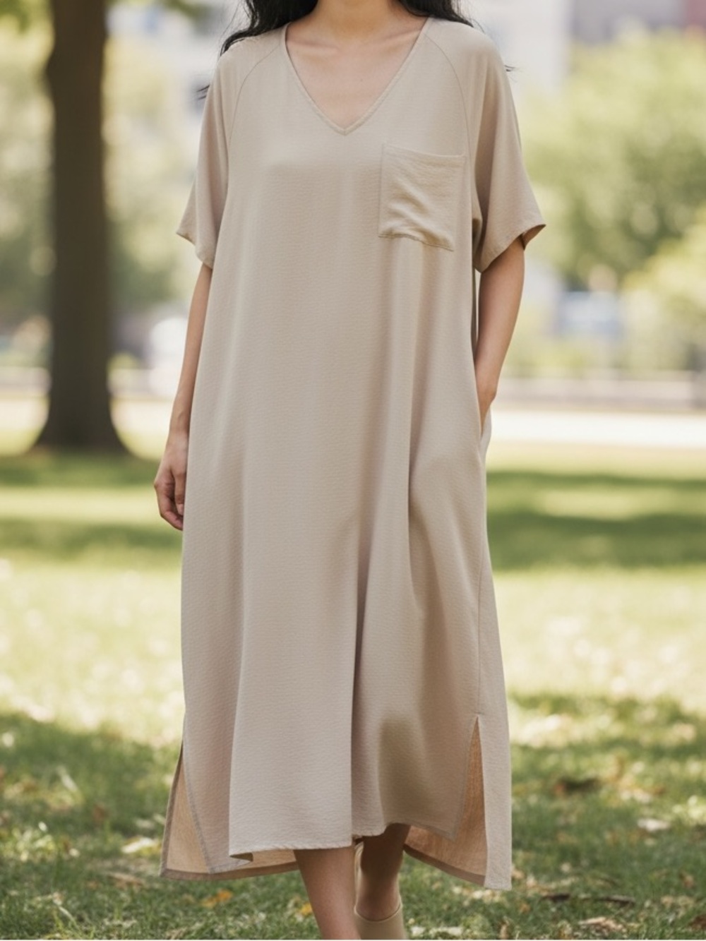 LA MIEL Blush Beige V-Neck Dress